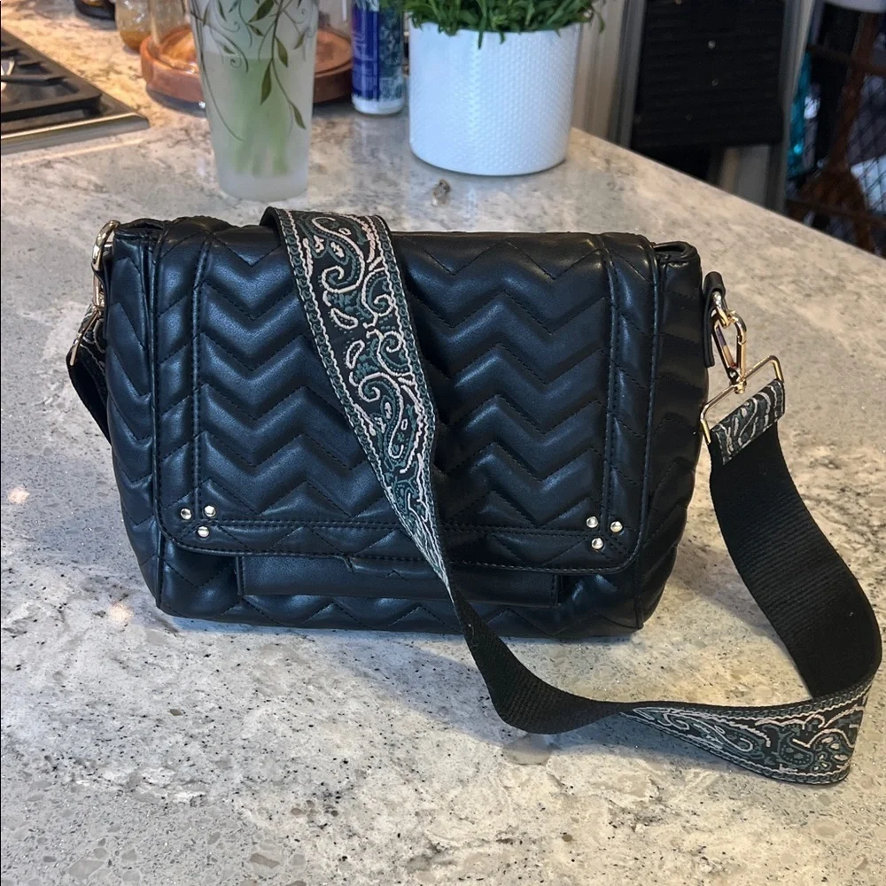 Black Quilted Chevron Crossbody Bag with Guitar style strap 9” X 11” X 4”